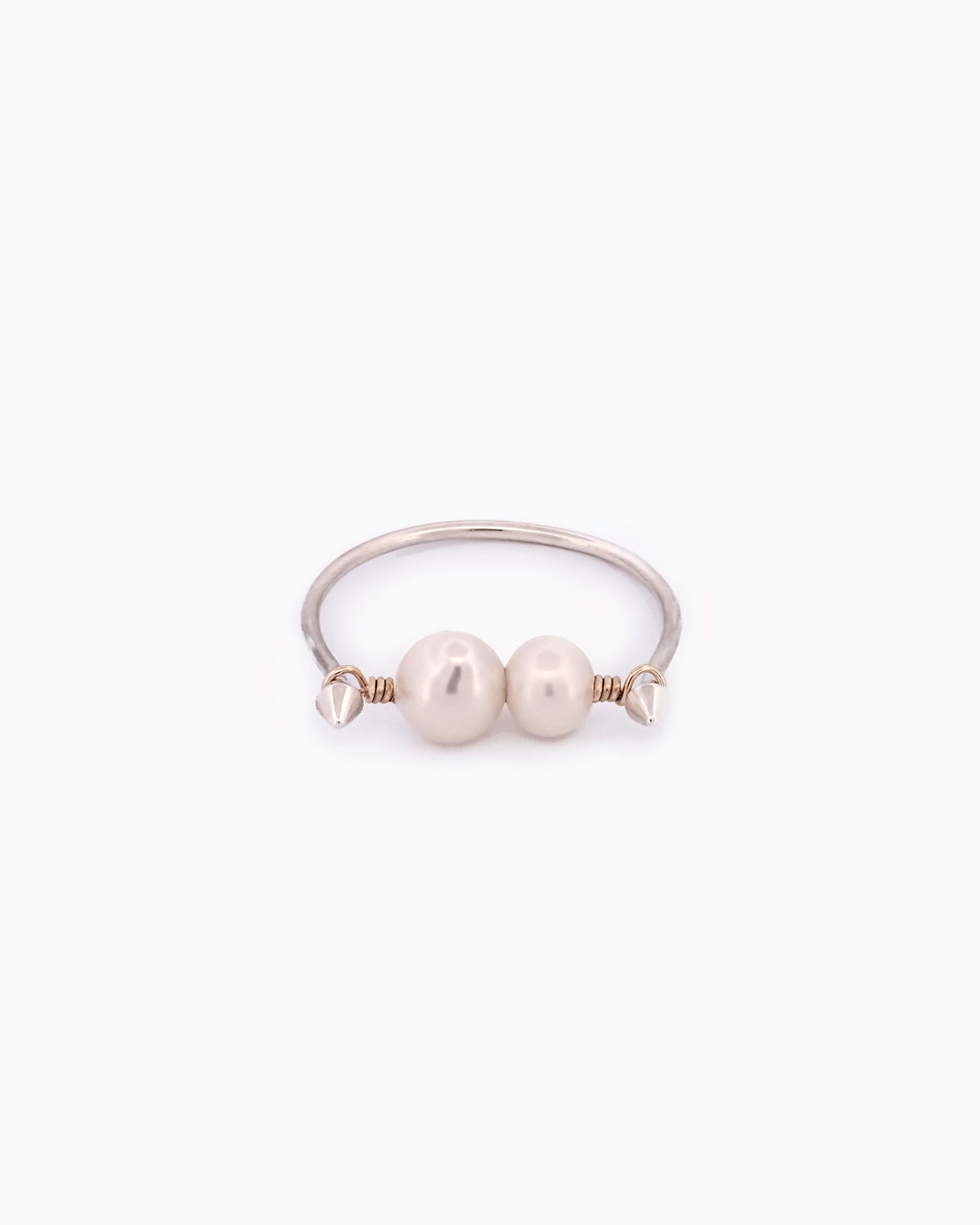 Handcrafted two-tone sterling silver and 9kt gold freshwater pearl bridge ring, medieval-inspired fine jewellery made in Sydney
