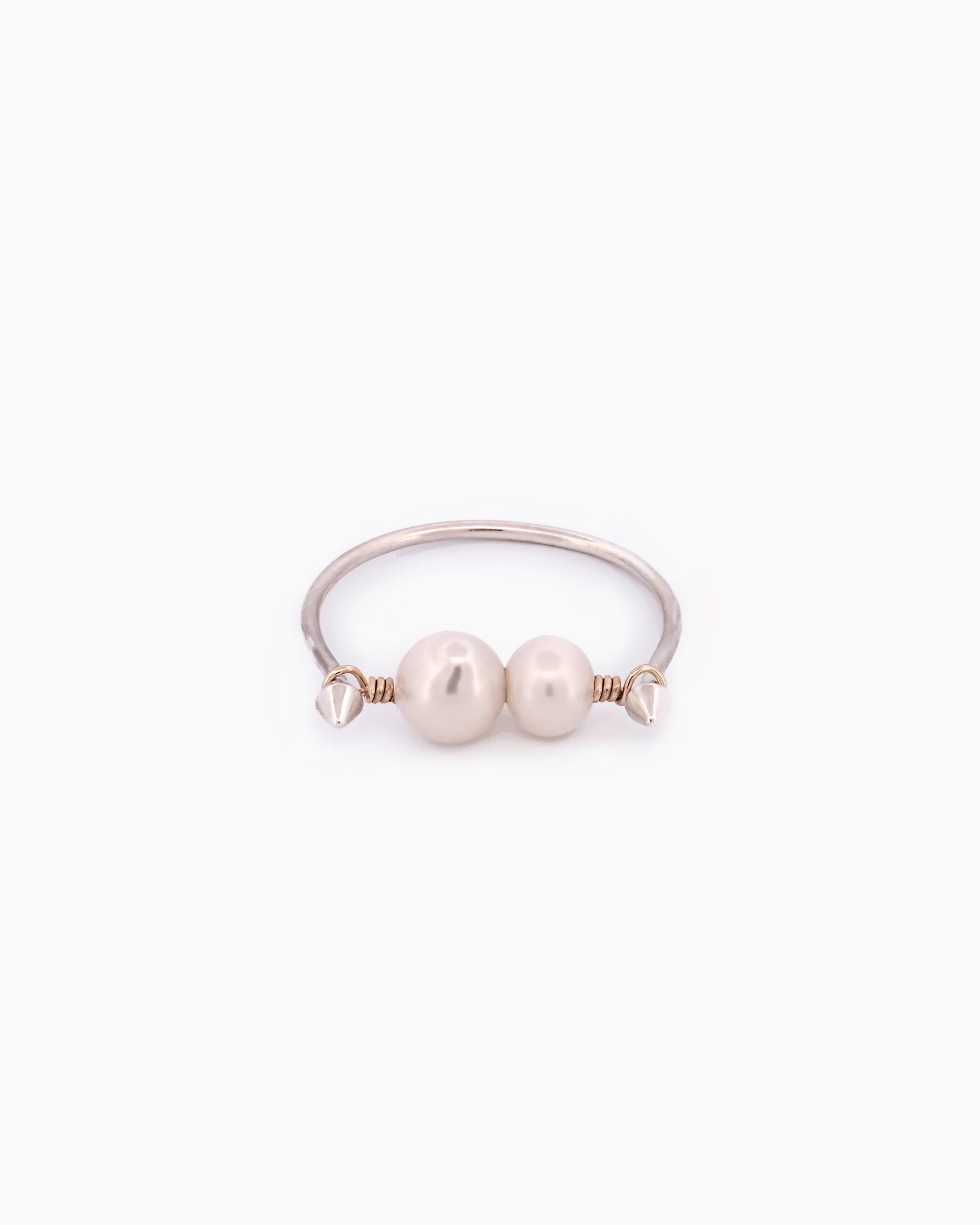 Handcrafted two-tone sterling silver and 9kt gold freshwater pearl bridge ring, medieval-inspired fine jewellery made in Sydney