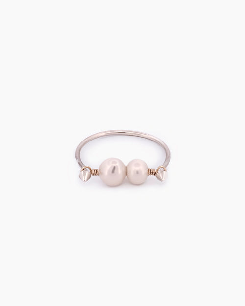Handcrafted two-tone sterling silver and 9kt gold freshwater pearl bridge ring, medieval-inspired fine jewellery made in Sydney