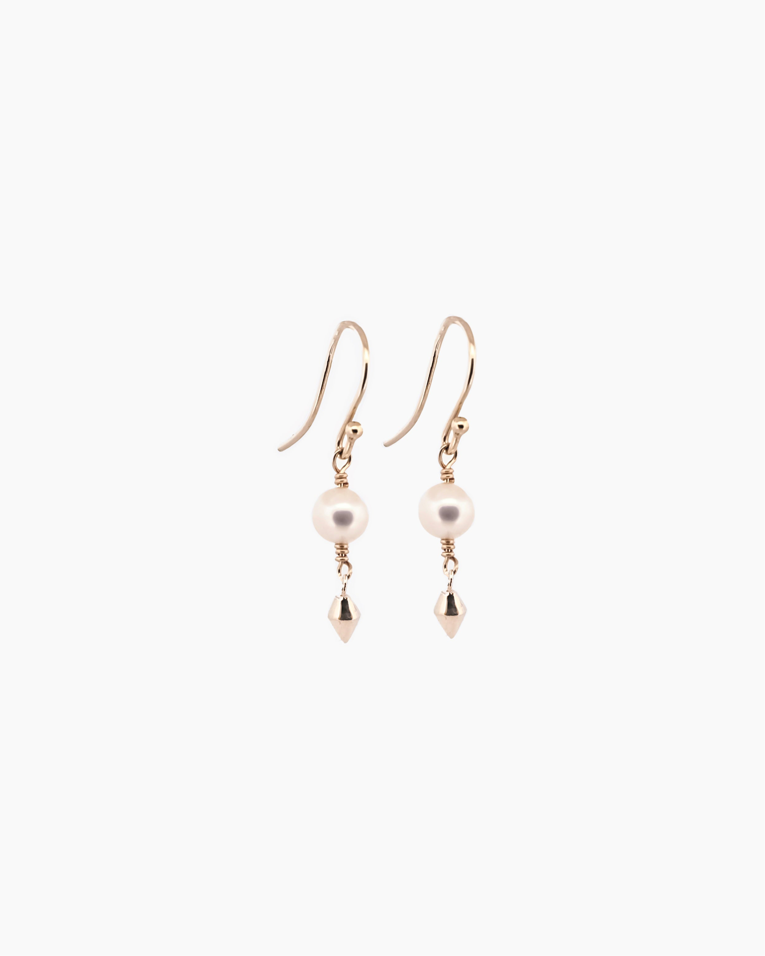 Handcrafted 9kt gold and freshwater pearl drop earrings with gold spire detail, medieval-inspired fine jewellery made in Sydney Australia
