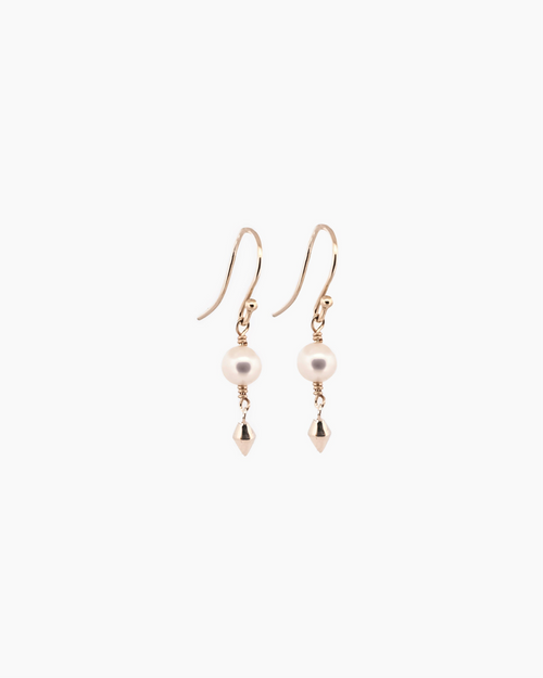 Handcrafted 9kt gold and freshwater pearl drop earrings with gold spire detail, medieval-inspired fine jewellery made in Sydney Australia