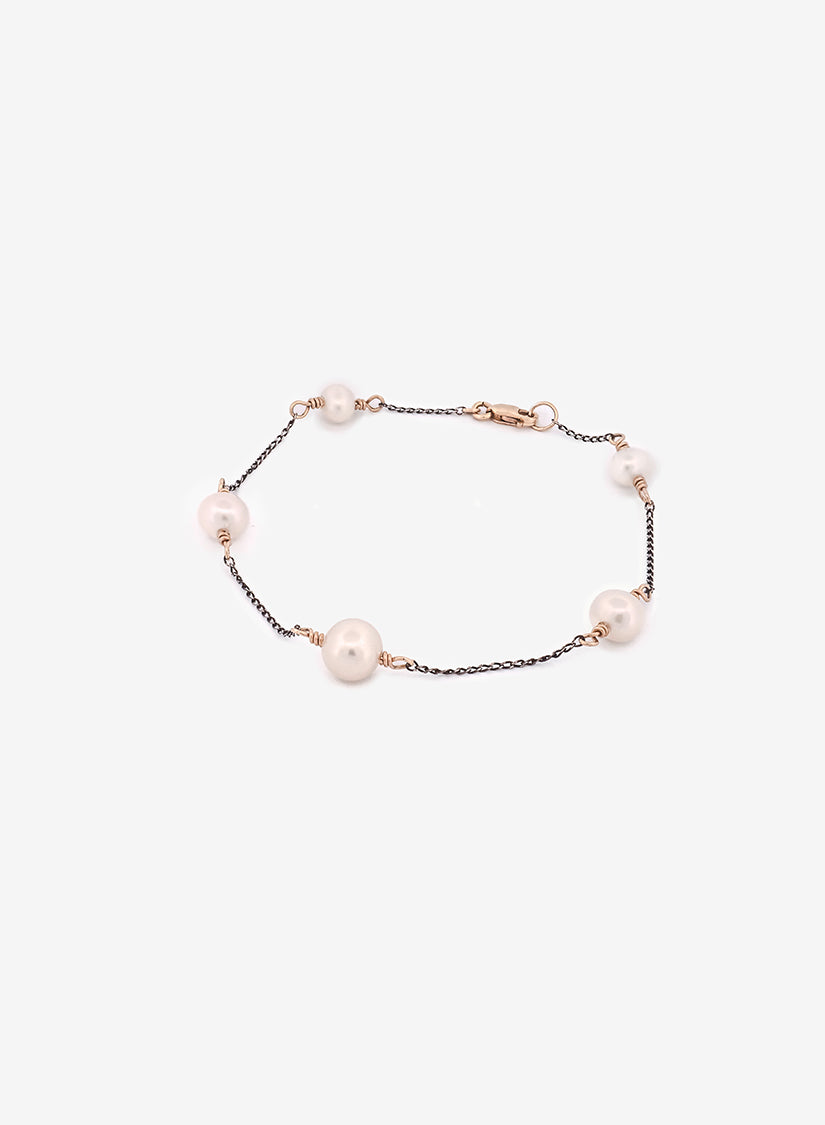 Handcrafted freshwater pearl bracelet on oxidised sterling silver chain with 9kt gold elements, medieval-inspired fine jewellery made in Sydney 