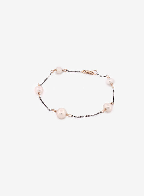 Handcrafted freshwater pearl bracelet on oxidised sterling silver chain with 9kt gold elements, medieval-inspired fine jewellery made in Sydney 
