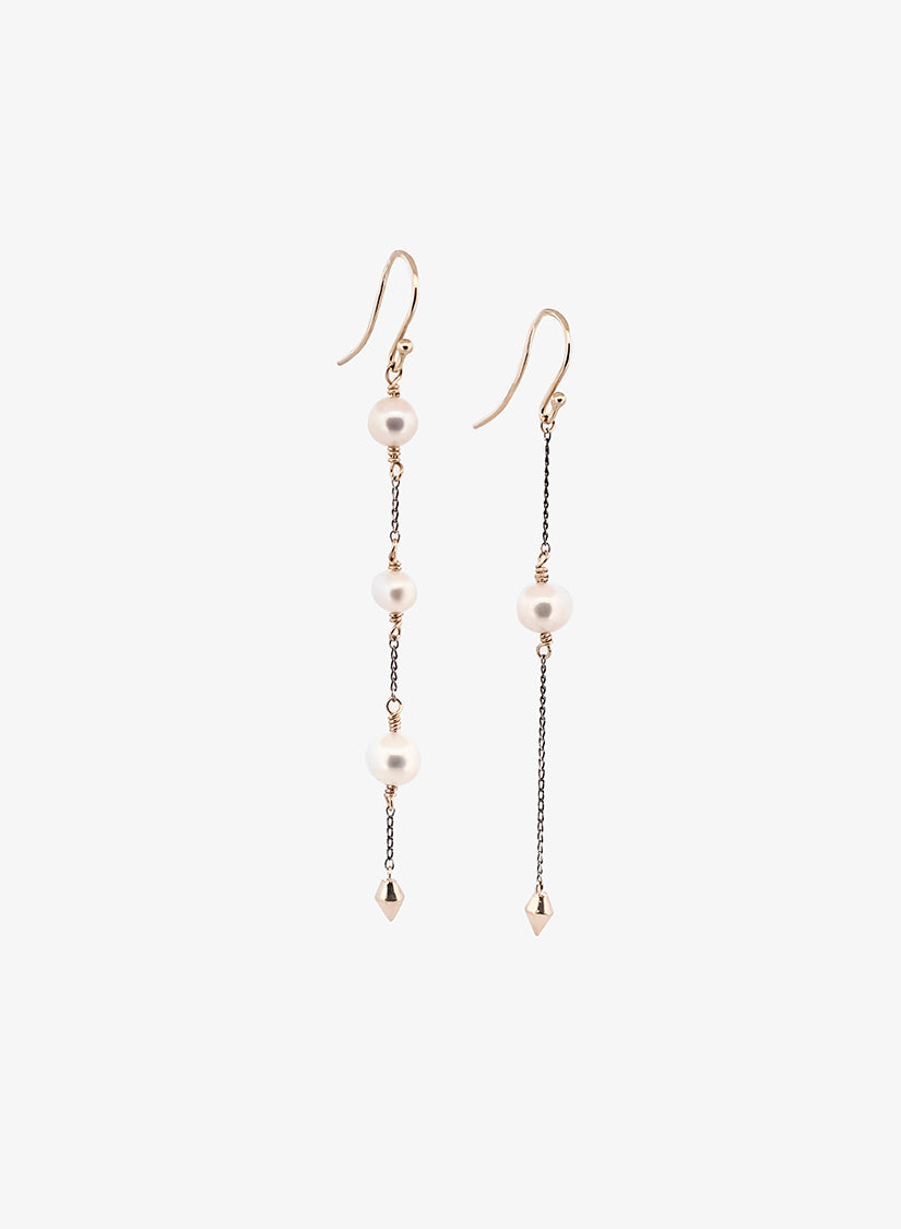 Pair of asymmetrical pearl drop earrings, Sterling Silver Chain and 9kt Gold beads. Medieval inspired, handcrafted jewellery in Sydney, Australia
