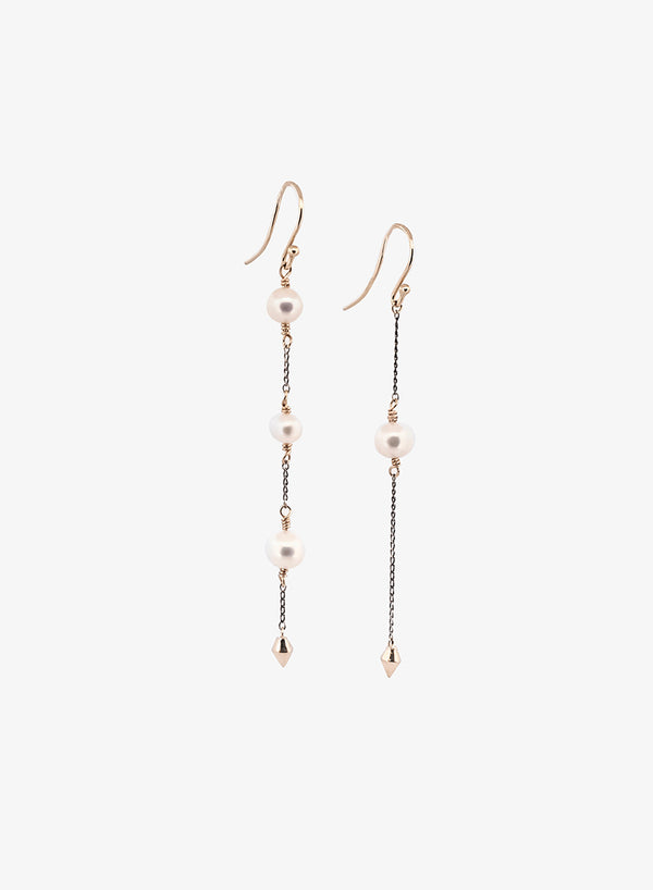 Pair of asymmetrical pearl drop earrings, Sterling Silver Chain and 9kt Gold beads. Medieval inspired, handcrafted jewellery in Sydney, Australia