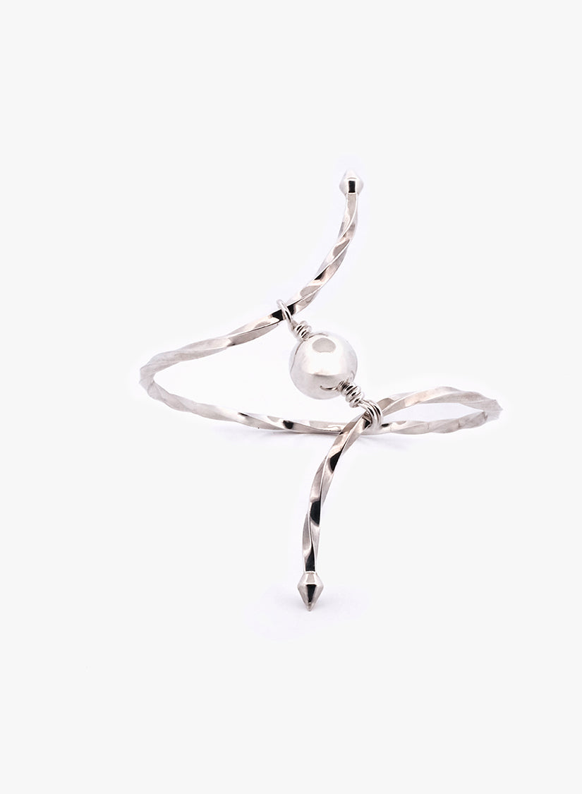 Silver bracelet with a sphere pendant clasp on a white background