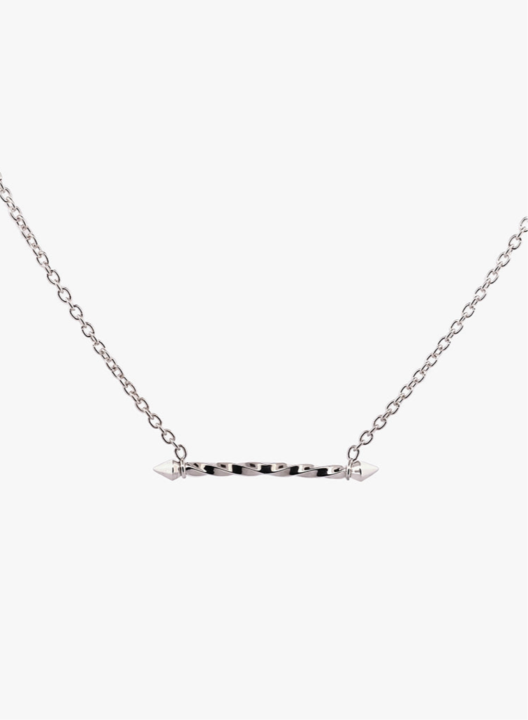 Silver necklace with a horizontal bar pendant on a white background