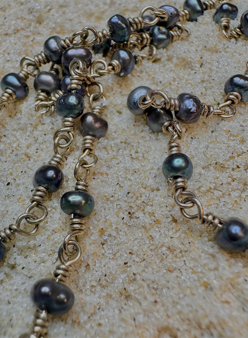 9kt gold black pearl gem chain necklace worn as a statement fine jewellery piece, handcrafted in Bondi Beach Sydney