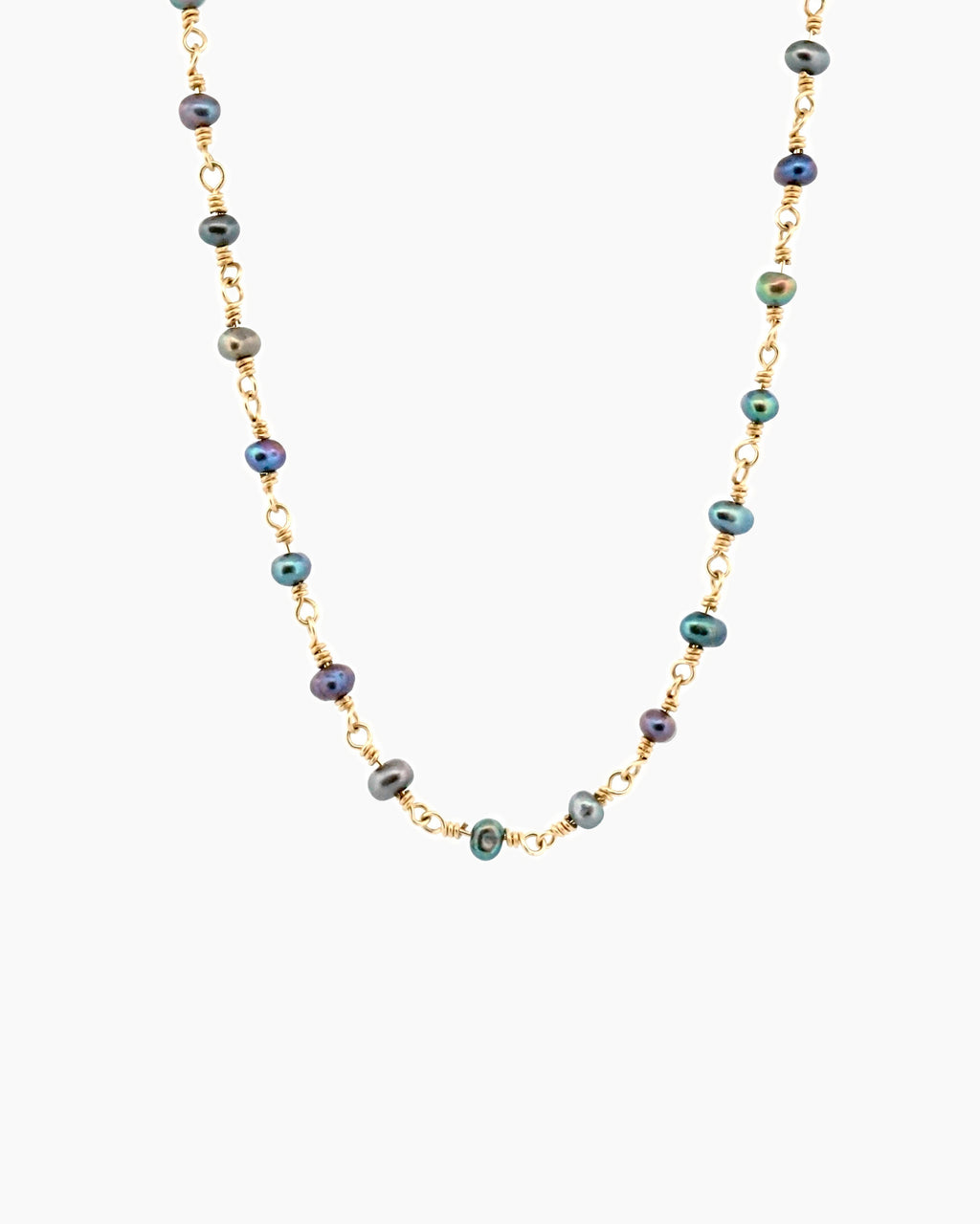 Handmade 9kt gold black freshwater pearl chain necklace, hand-spun wire technique, fine jewellery made in Sydney Australia