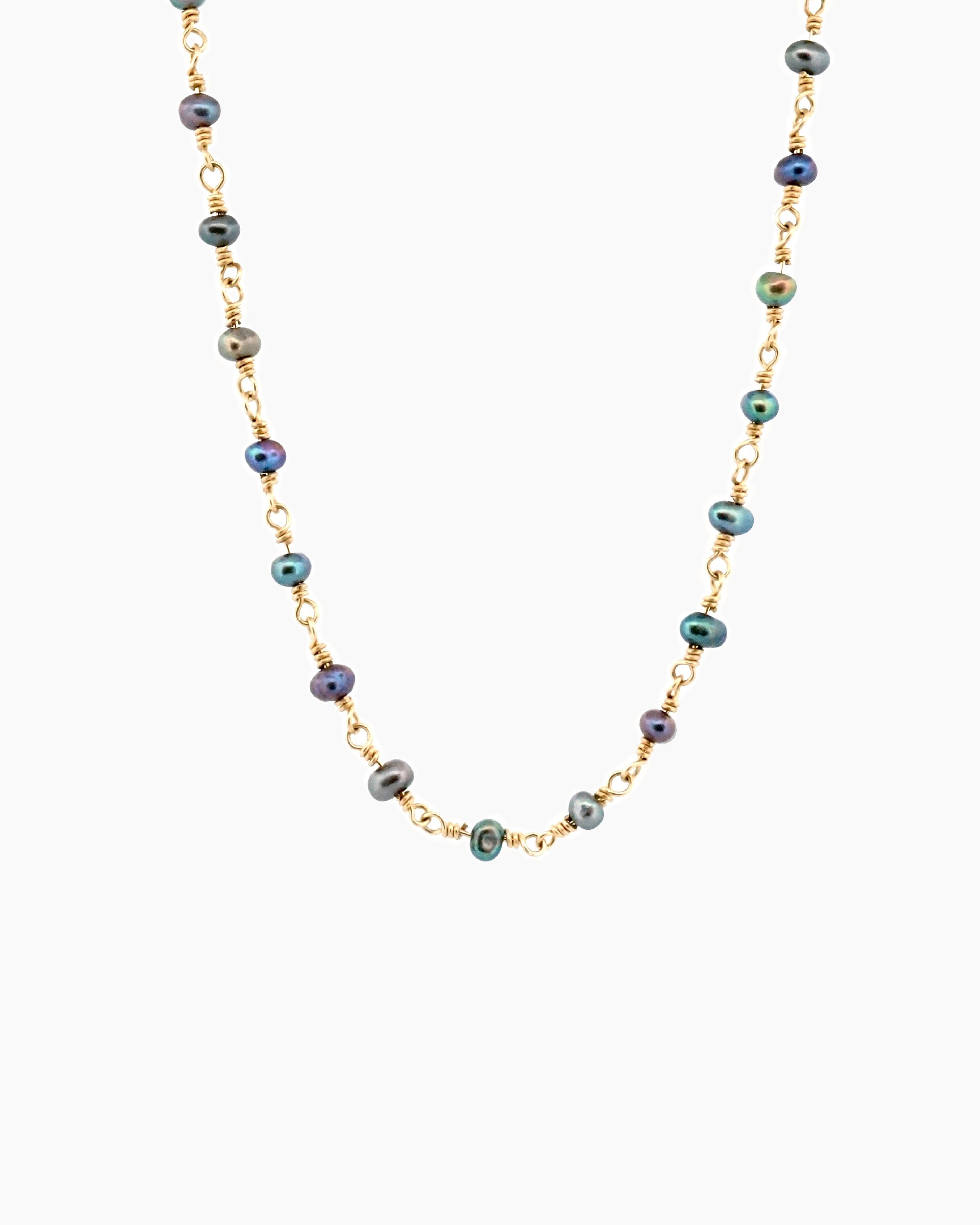 Handmade 9kt gold black freshwater pearl chain necklace, hand-spun wire technique, fine jewellery made in Sydney Australia