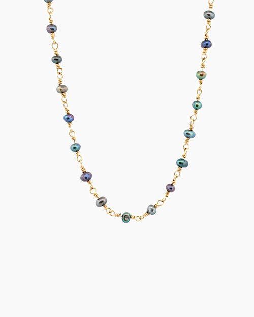 Handmade 9kt gold black freshwater pearl chain necklace, hand-spun wire technique, fine jewellery made in Sydney Australia
