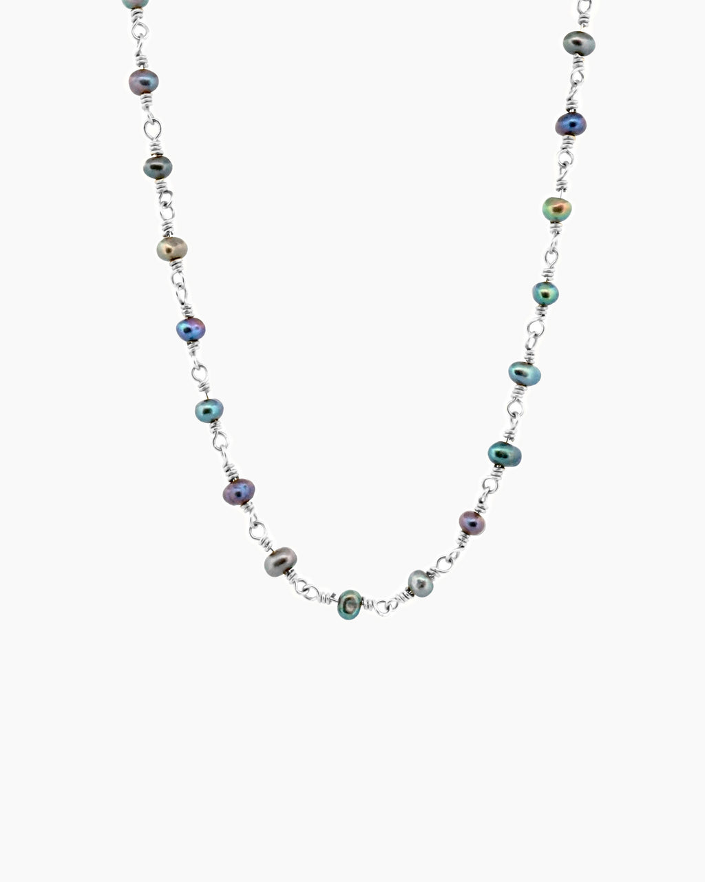 Handmade sterling silver black freshwater pearl chain necklace, hand-spun wire technique, fine jewellery made in Sydney Australia