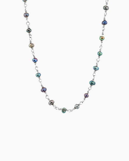 Handmade sterling silver black freshwater pearl chain necklace, hand-spun wire technique, fine jewellery made in Sydney Australia