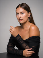 Load image into Gallery viewer, Woman wearing a black off-shoulder top against a gray background Sterling silver Spherical Jewellery
