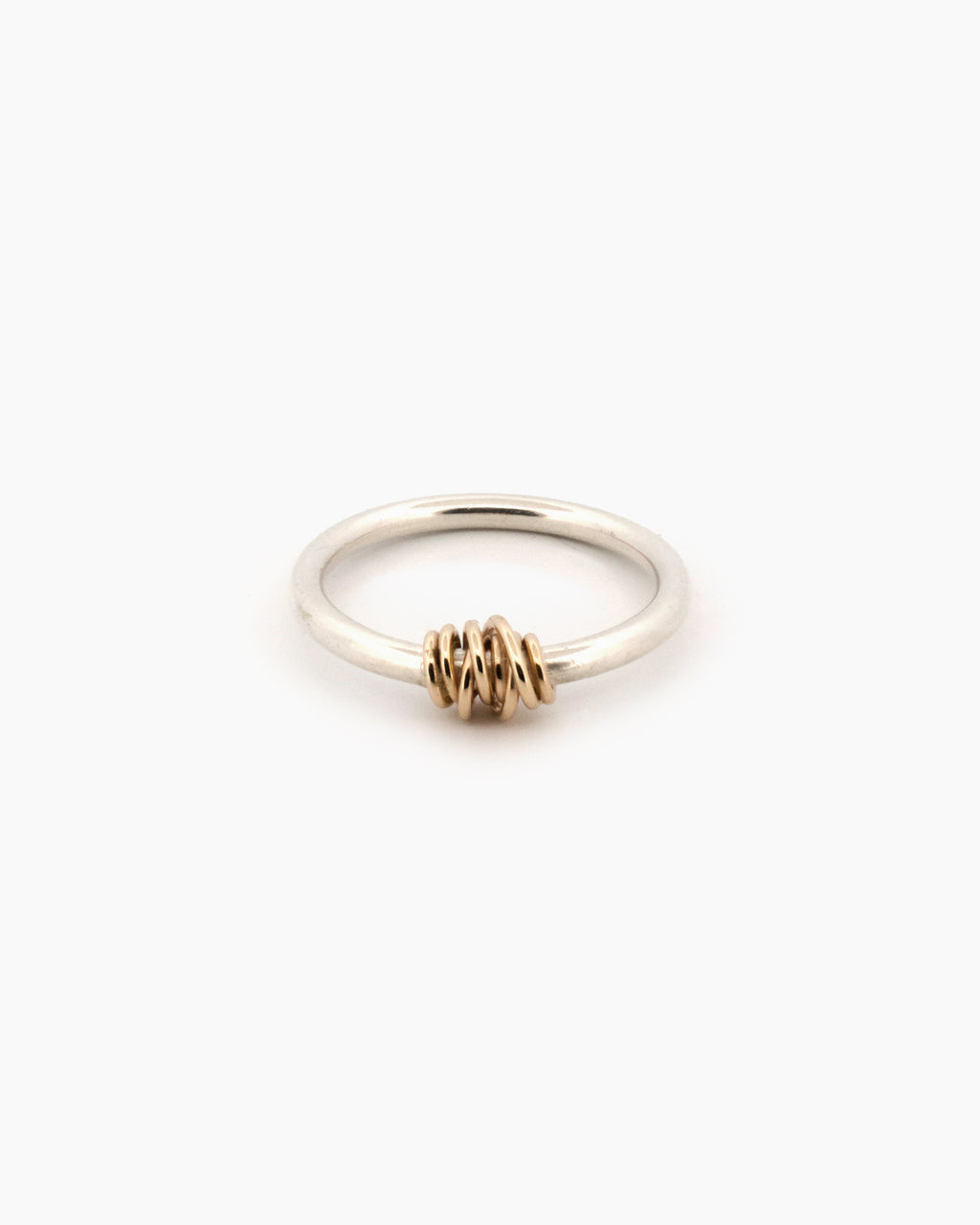 Handcrafted sterling silver wrap ring with 9kt gold wire detail, two-tone fine ring made in Sydney Australia