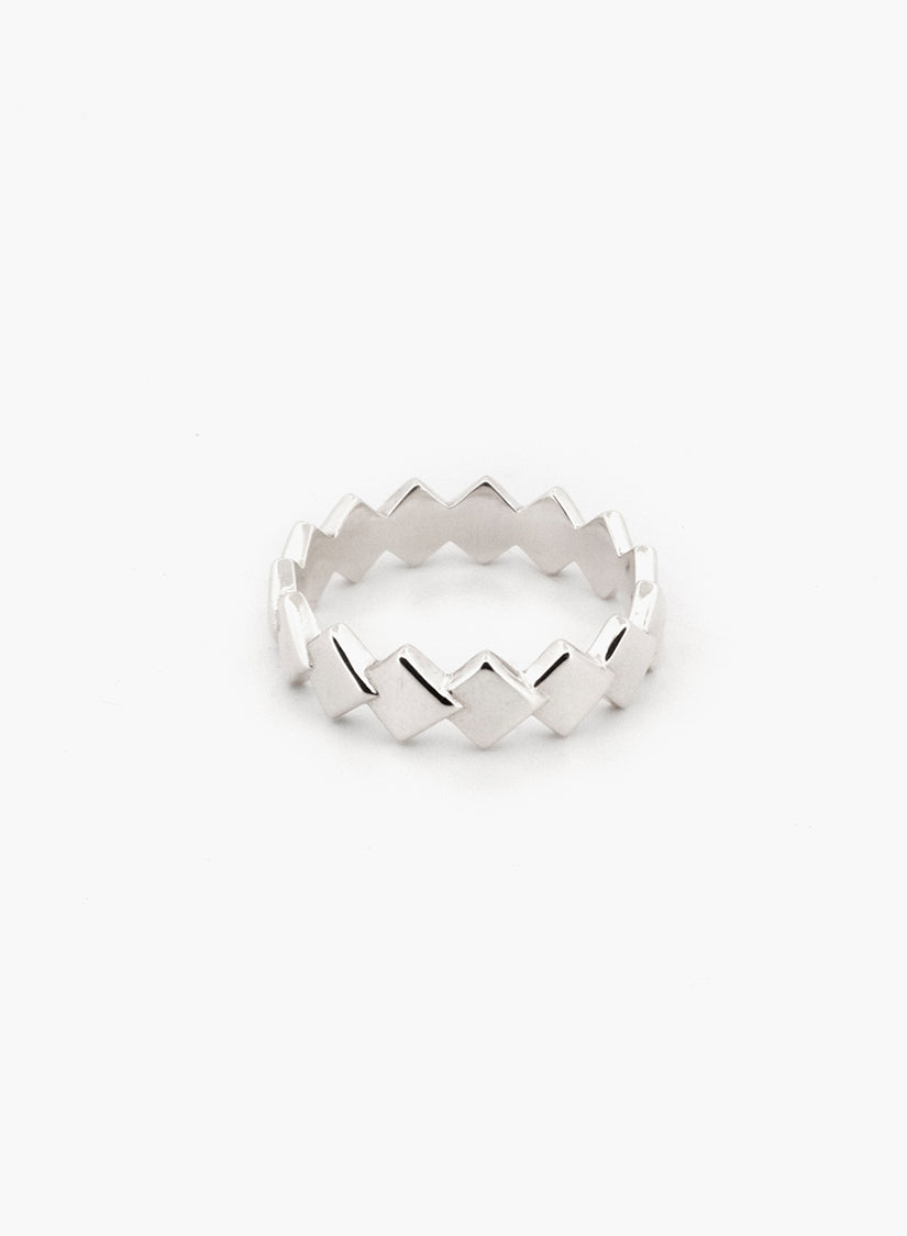Handcrafted sterling silver flat-faced tile ring inspired by Roman mosaic patterns, fine silver ring made in Sydney Australia